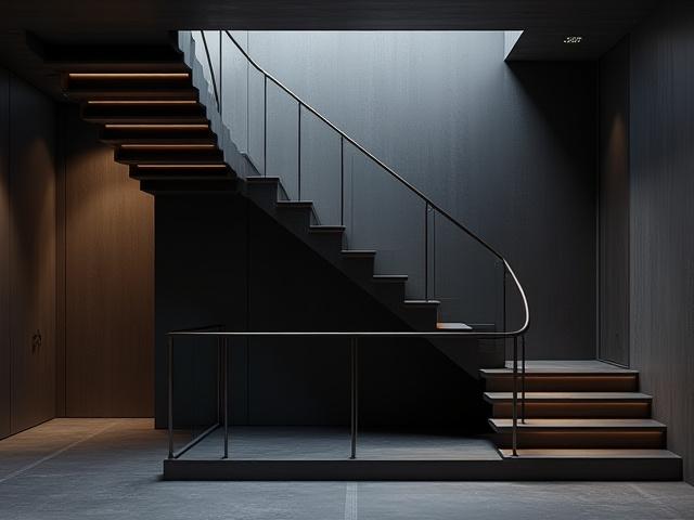 Escalera helicoidal moderna con barandales de metal