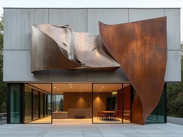 Instalación artística de metal integrada en la pared de un edificio moderno