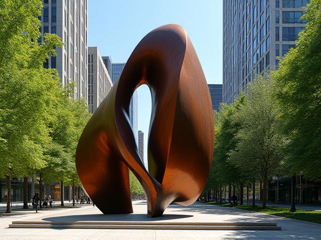 Gran escultura abstracta de metal en una plaza pública