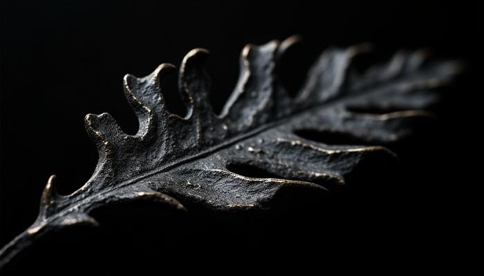 Macro de una hoja de acanto forjada a mano, con marcas de martillo visibles, mostrando la textura del metal.