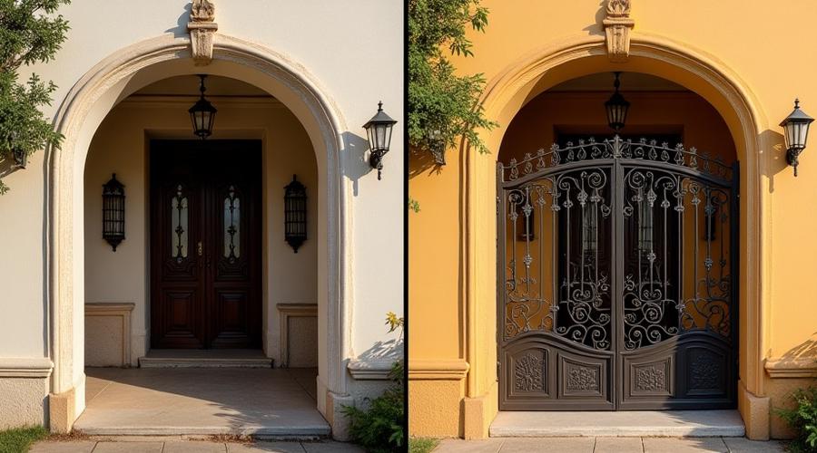 Slider de antes y después de la fachada de una residencia en Coyoacán con portón y rejas de forja.