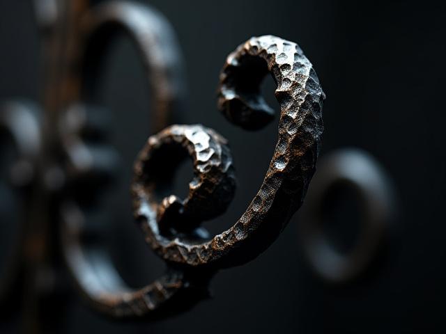 Close-up de un detalle ornamental forjado a mano, mostrando la textura del metal y la complejidad del diseño.