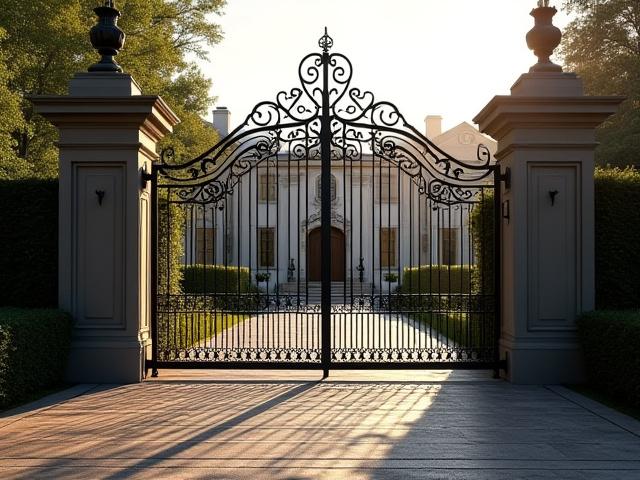 Imponente portón de hierro forjado con detalles clásicos y robustos, adornando la entrada de una residencia de lujo.