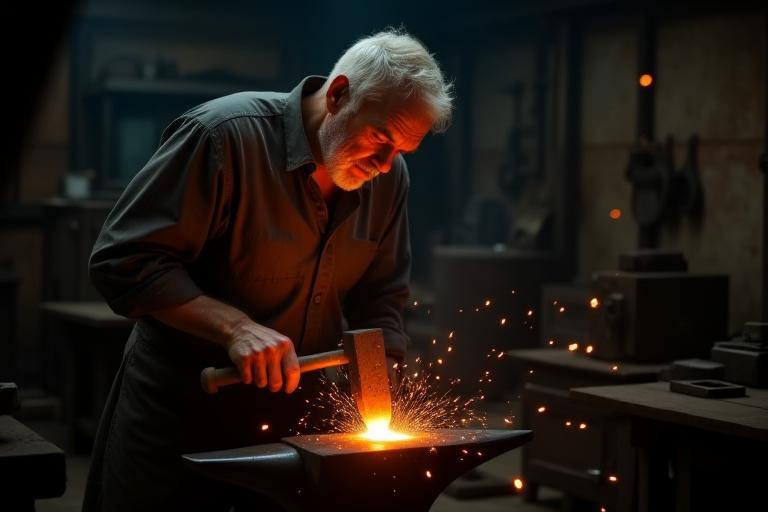 Artesano experimentado trabajando con metal al rojo vivo en un taller de forja tradicional