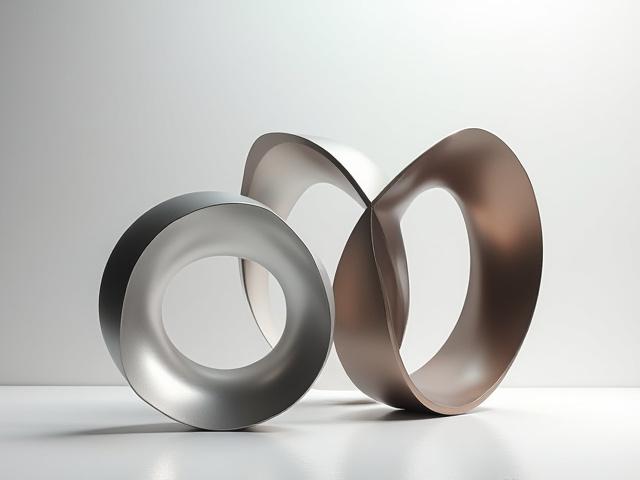 Escultura abstracta de metal pulido con formas orgánicas, exhibida en una galería