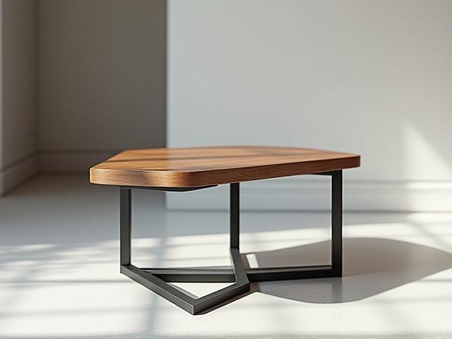 Mesa de centro con estructura de metal y tablero de madera rústica en un loft moderno