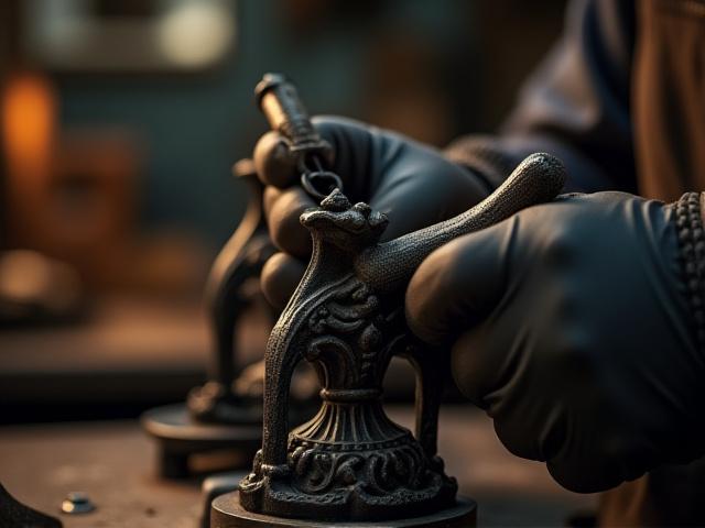 Detalle de una pieza de hierro forjado oxidada siendo restaurada en taller