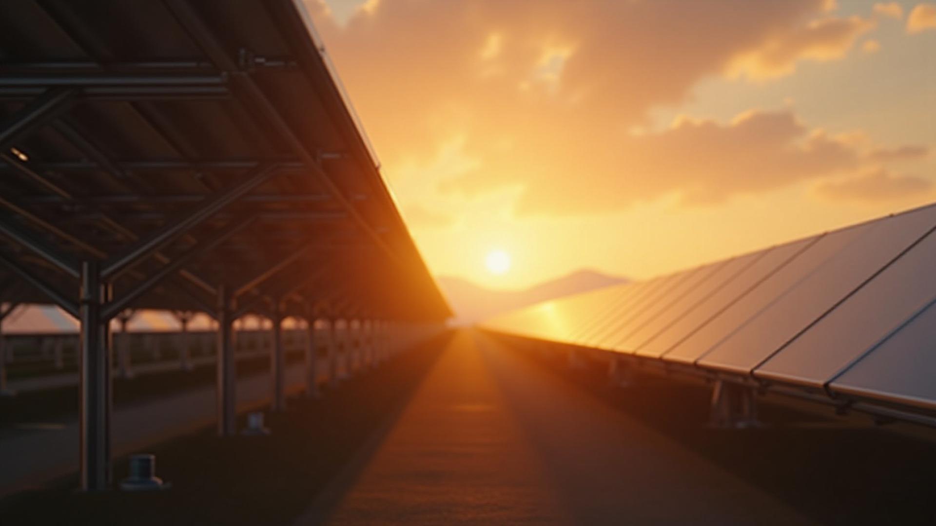Campo solar al atardecer, destacando las robustas estructuras de montaje metálicas diseñadas por Metal y Sabor.