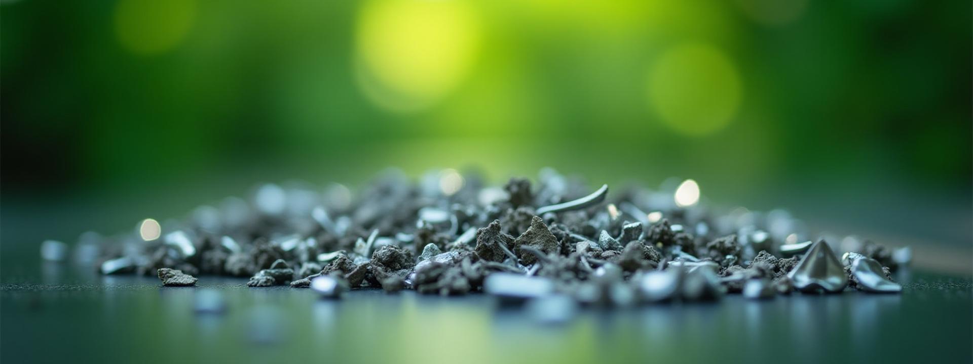 Manos trabajando con chatarra metálica limpia, lista para ser reciclada, con un fondo de naturaleza suavemente desenfocado.