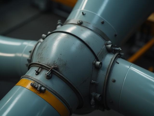 Detalle de una pala de aerogenerador con un diseño metálico robusto en primer plano, mostrando anclajes y fijaciones.