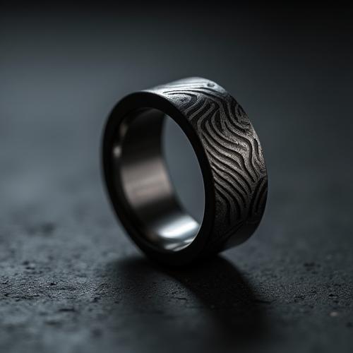 Primer plano de un anillo de acero de Damasco, mostrando intrincados patrones metálicos.