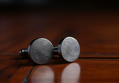 Mancuernillas de acero de Damasco sobre una superficie de madera oscura.