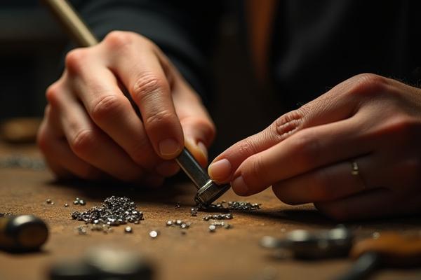 Manos de un artesano utilizando herramientas de microforja para trabajar una pequeña pieza de metal con precisión.