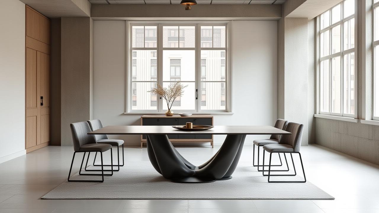 Impresionante set de comedor con mesa y sillas metálicas en un elegante loft de estilo industrial, con amplios ventanales y luz natural.