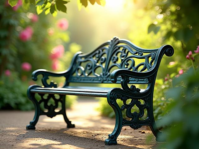 Banco de jardín de hierro forjado con un diseño clásico y curvilíneo, ubicado en un exuberante jardín botánico, invitando al descanso y la contemplación.