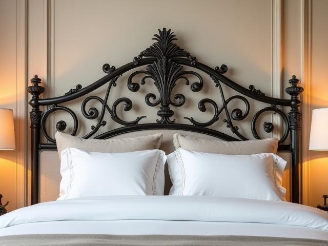 Cabecera de cama de forja tradicional con intrincados detalles ornamentales, en un dormitorio de estilo clásico con sábanas blancas y cojines de tela rica.