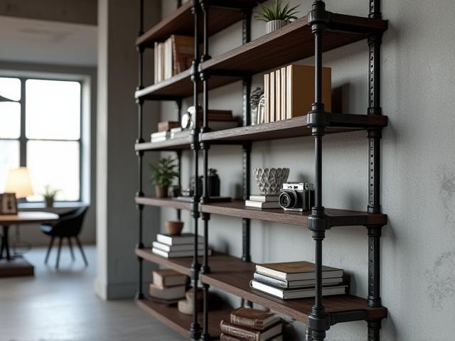 Estantería de diseño industrial compuesta por tuberías de metal vistas y estantes de madera oscura, perfecta para almacenar libros y objetos decorativos en un loft. 