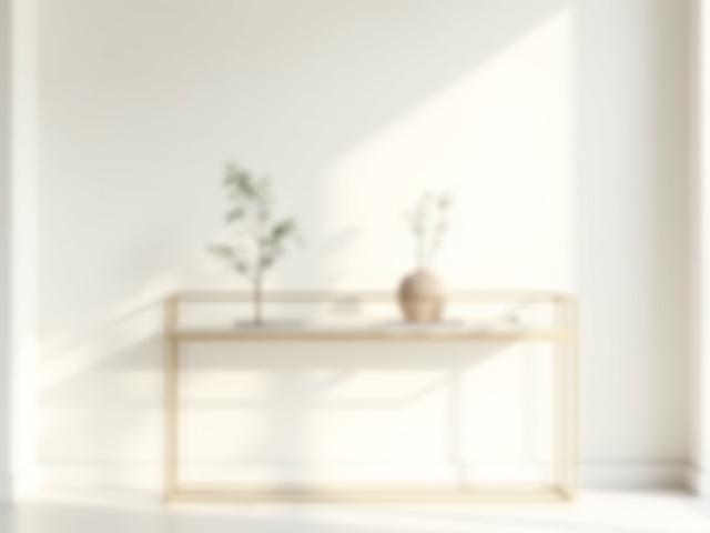 Consola minimalista de latón pulido con líneas puras y una superficie lisa, colocada en un elegante vestíbulo contemporáneo con iluminación suave.