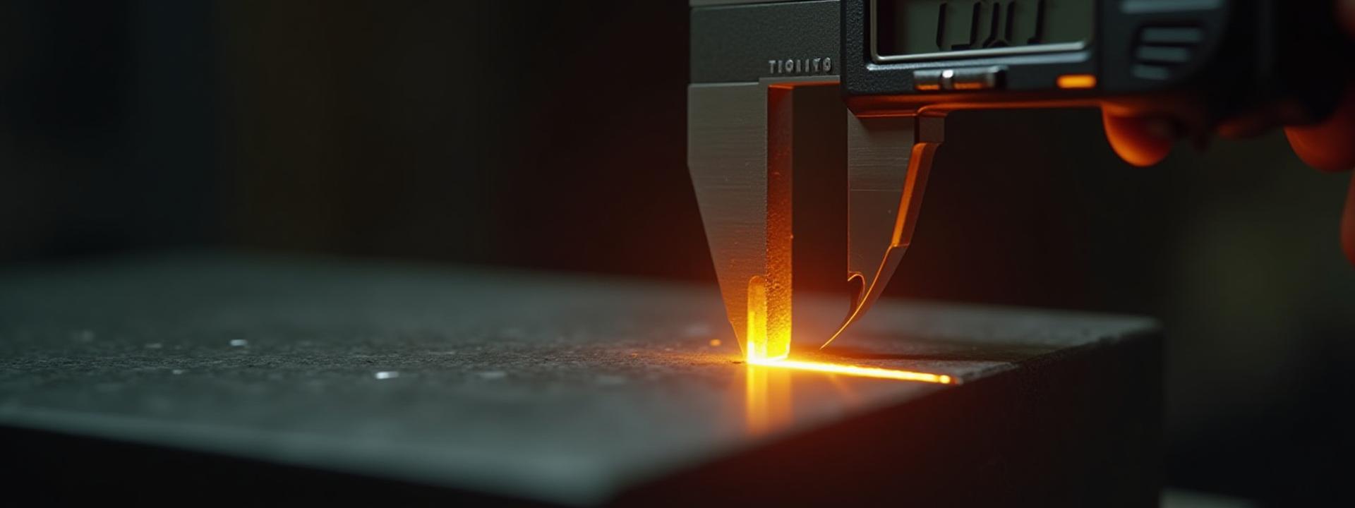 Primer plano de un componente metálico industrial forjado, con un calibrador digital verificando la precisión de las medidas.
