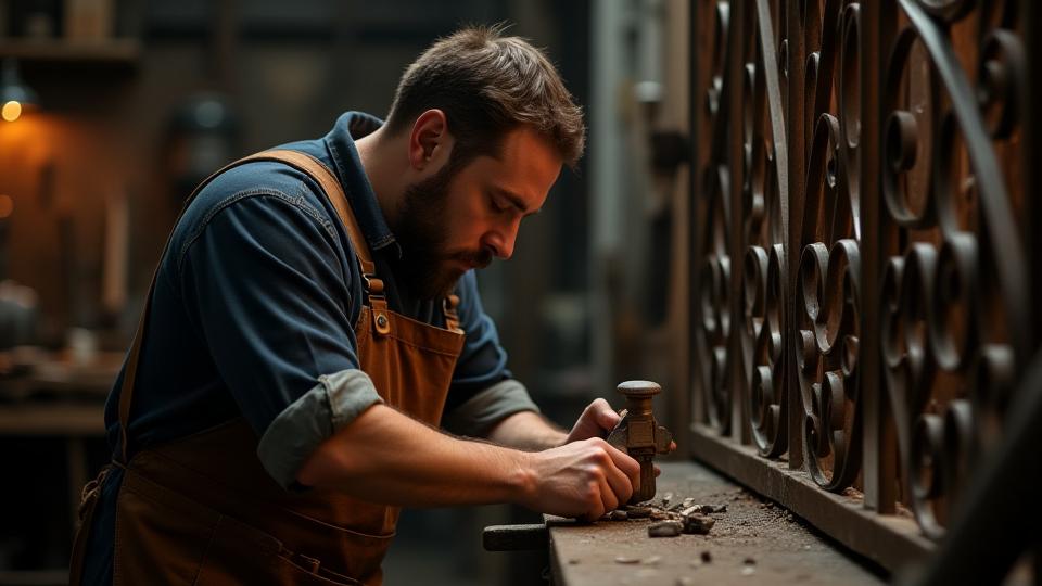 Artesano trabajando en el portón Art Nouveau durante la restauración