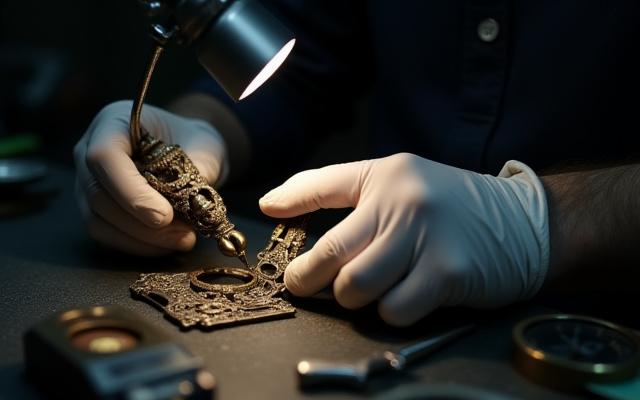 Técnico examinando una pieza de metal antigua con herramientas de precisión