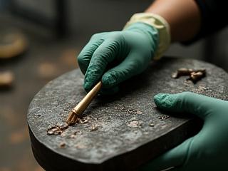 Artesano aplicando pátina a una pieza de hierro forjado restaurada, con herramientas tradicionales y un toque maestro.