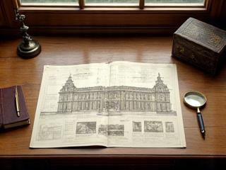 Antiguos planos arquitectónicos y fotografías históricas con lupa sobre un escritorio de madera.