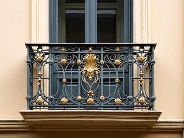 Herrería Art Déco restaurada en un balcón de la Colonia Condesa, CDMX, con patrones geométricos y brillo de latón.